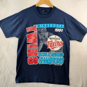 VTG Minnesota Twins 1991 World Series Tee Shirt Large Blue Graphic Single Stitch